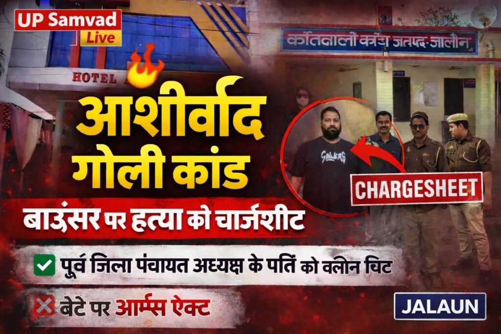 ​जालौन के कोंच स्थित आशीर्वाद होटल का दृश्य और पुलिस कार्रवाई की प्रतीकात्मक तस्वीर, जिसमें जांच टीम और सुरक्षा घेरा दिखाई दे रहा है।