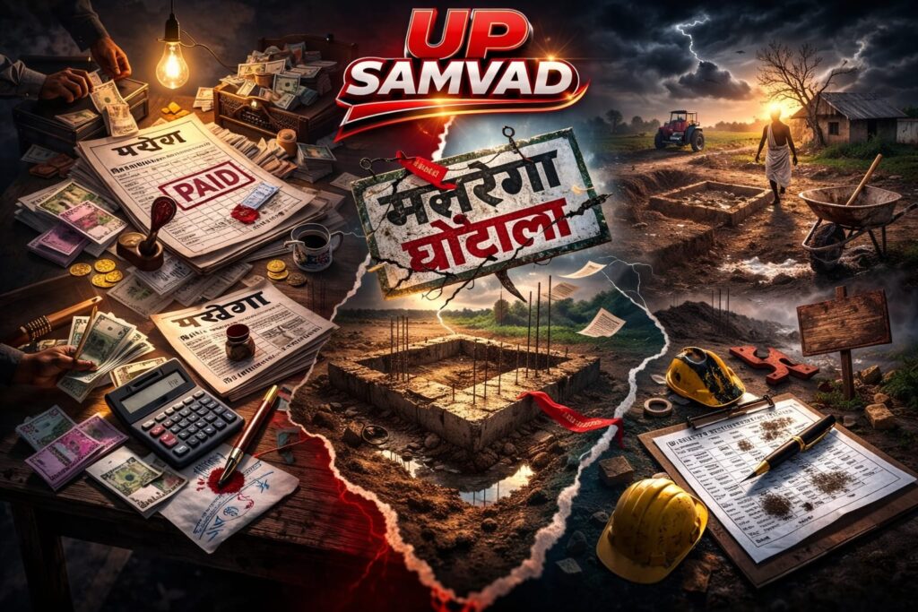 जालौन के नदीगांव ब्लॉक में मनरेगा कार्यस्थल का प्रतीकात्मक चित्र जहाँ खाली जमीन पर फर्जी हाजिरी के जरिए भ्रष्टाचार को दर्शाया गया है