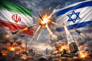 ईरान-इज़राइल युद्ध के दौरान आसमान में दिखाई देती मिसाइलें और एयर डिफेंस सिस्टम द्वारा उन्हें रोकने का दृश्य। (सांकेतिक तस्वीर)