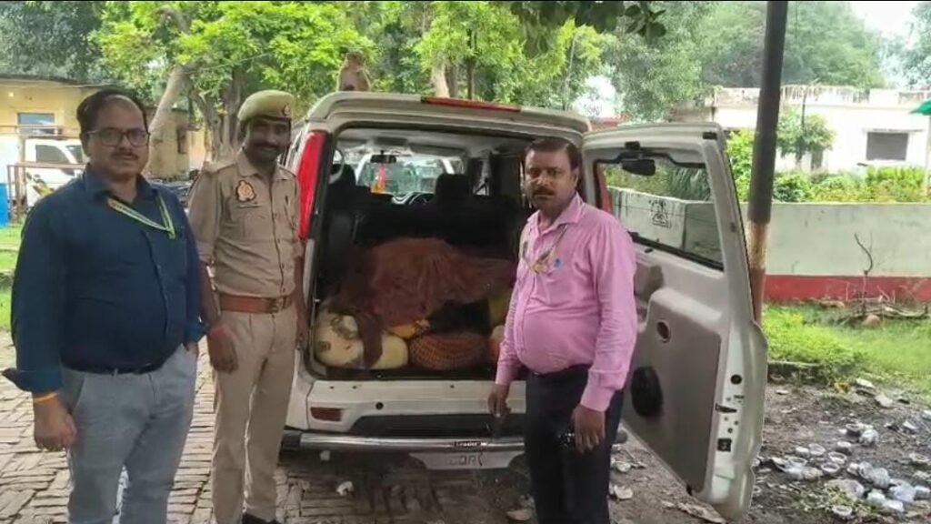 जालौन में झांसी-कानपुर हाईवे पर चेकिंग के दौरान एसडीएम द्वारा पकड़ी गई खोया से भरी सफेद रंग की स्कॉर्पियो गाड़ी और मौके पर जांच करती खाद्य विभाग की टीम।